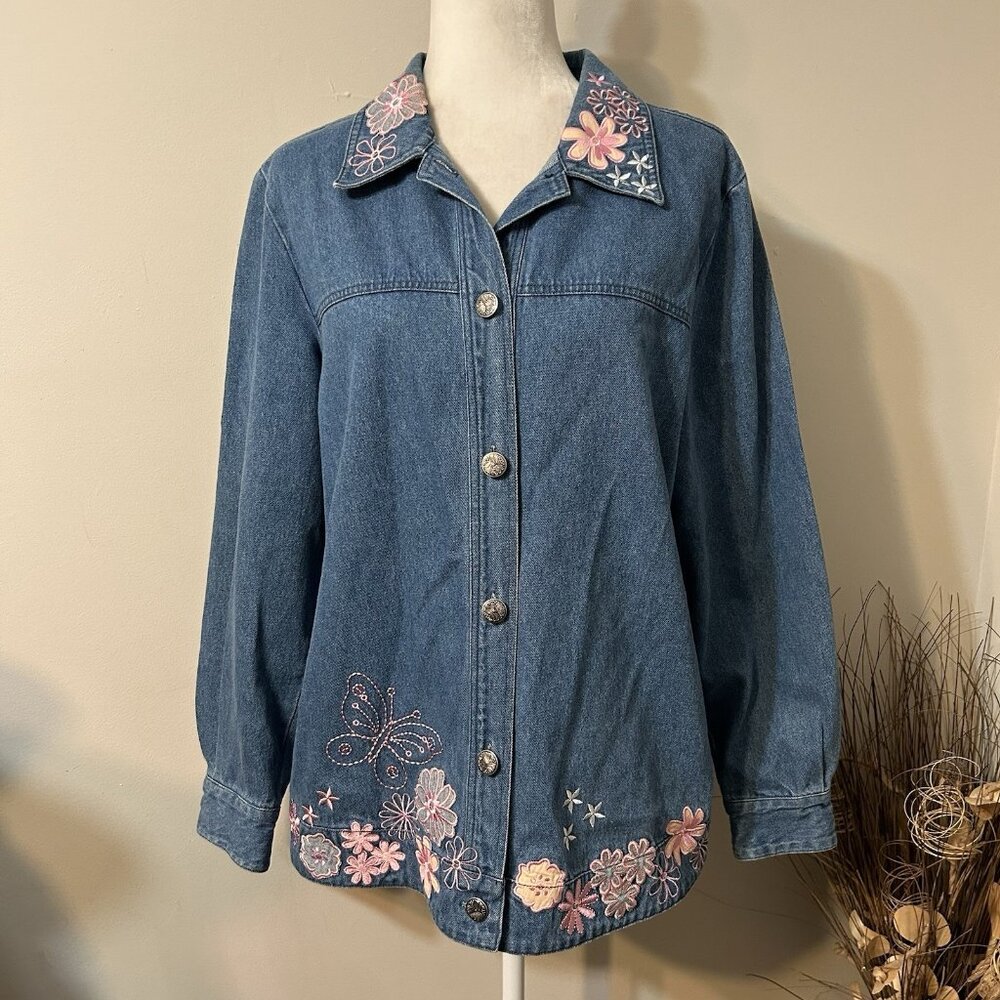 Vtg Toffee Apple Women Button Up Denim Jacket Floral Butterfly Embroidered Sz M